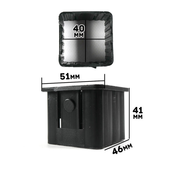 The Upright Sleeve Insert 40x40 is black, square, and hollow with ridged sides. It measures 51mm wide, 46mm deep, and 41mm high, and features an inside square of 40mm. Two images display the insert from various angles with dimensions.