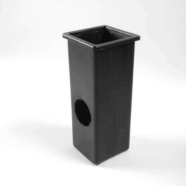 The Upright Sleeve Insert 40x40x120 is a black rectangular plastic container featuring a hole on one side, set against a plain white background.