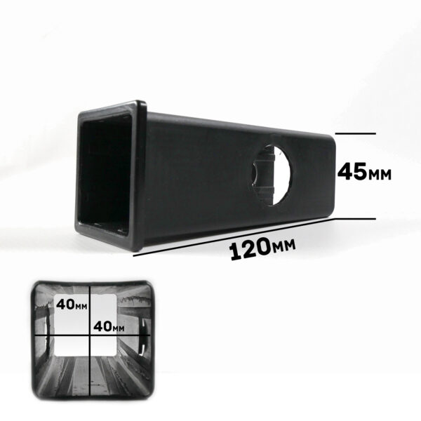 The Upright Sleeve Insert 40x40x120 is a black rectangular adapter, 120mm long and 45mm high, featuring a circular hole on one side and a 40mm square opening at one end.