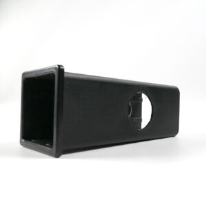 An Upright Sleeve Insert 40x40x120, a black, rectangular, hollow plastic object with a round cutout on its side, is shown against a plain white background.