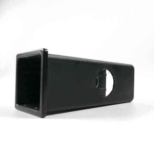An Upright Sleeve Insert 40x40x120, a black, rectangular, hollow plastic object with a round cutout on its side, is shown against a plain white background.