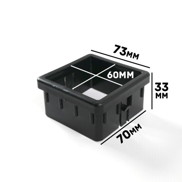 The Upright Sleeve Insert 75x75 is a pot with a black square design, measuring 73mm wide, 70mm deep, and 33mm tall. The interior dimensions are noted as 60mm.