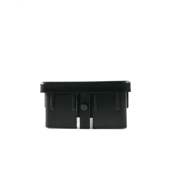 A black, rectangular plastic Upright Sleeve Insert 75x75, set against a white background, with a flat top and multiple slots and ridges on the sides for attachment or alignment.