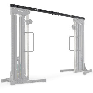 Image of the ATX® Cable Crossover Connector. This sleek, modern equipment features a robust frame with two adjustable weight stacks on each side, connected by a crossbar and equipped with handles for versatile strength training exercises.