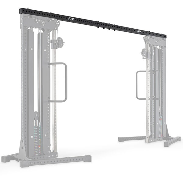 Image of the ATX® Cable Crossover Connector. This sleek, modern equipment features a robust frame with two adjustable weight stacks on each side, connected by a crossbar and equipped with handles for versatile strength training exercises.