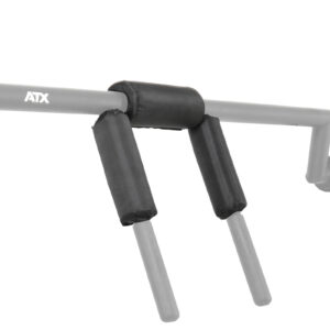 The ATX® Safety Squat Bar Pads feature a gray metal bar with three black cylindrical foam grips for comfortable exercise handholds. The ATX logo is displayed, and perpendicular bars extend outward for additional grip options.