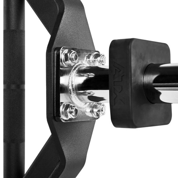 Close-up of a trap bars weightlifting end with a black handle and shiny metal finish. The hexagonal design features the letters ATX embossed on a rubber stopper, highlighting the meticulous details of the bars construction.