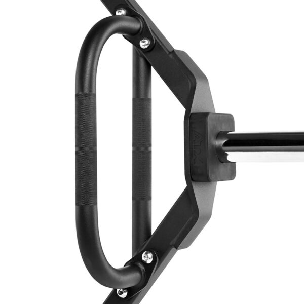 Close-up of a black hex trap bar handle with a textured grip and metal frame. The image showcases its ergonomic design and sturdy construction, highlighting four bolts securing the handle. This hex barbell stands out against the plain white background.
