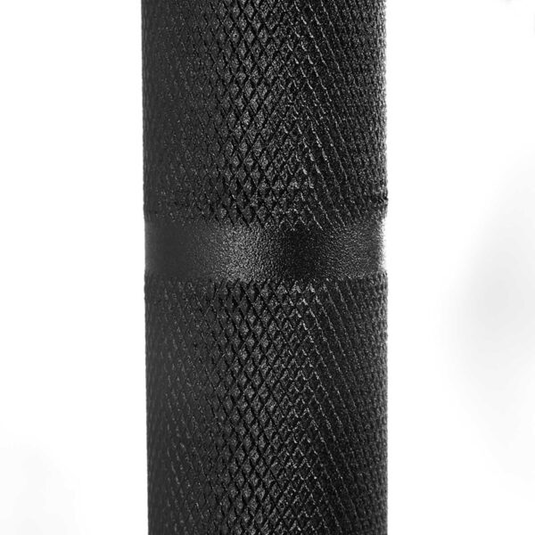 Close-up of a textured black trap bar handle with a diamond-patterned grip against a white background.