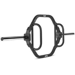 Image of an open-design hex trap barbell, showcasing two parallel handles and extended barbell ends for weight plates. The words XLV and ATX are printed on it, highlighting its robust construction.