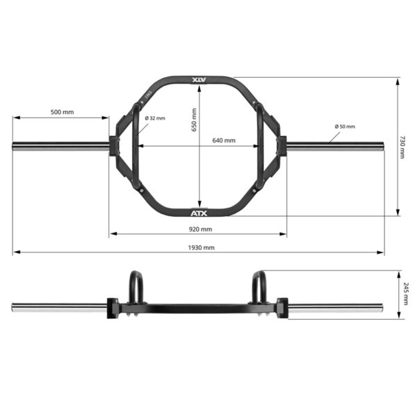 Diagram of a hex trap barbell with measurements. The central hexagon measures 920 mm wide and 640 mm deep. Side handles extend to a total length of 1930 mm with diameters of 32 mm and 50 mm. Bar height is 237 mm, and the width including rack hooks is 245 mm.