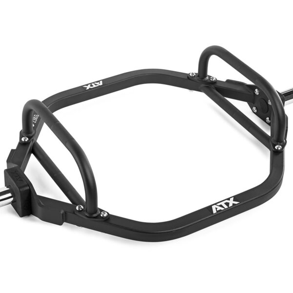 A hex trap barbell for weightlifting, featuring a black metal frame with handles on each side. The frame is designed for stability during lifting exercises. The bar has visible branding with the text ATX.