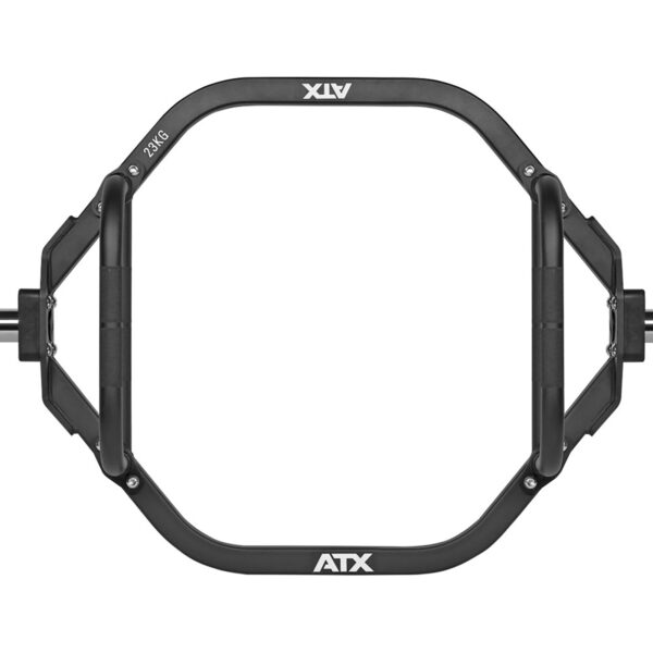An overhead view of a black ATX trap bar with two sets of handles, designed for weightlifting. The barbell is labeled with its weight, 23 kg.