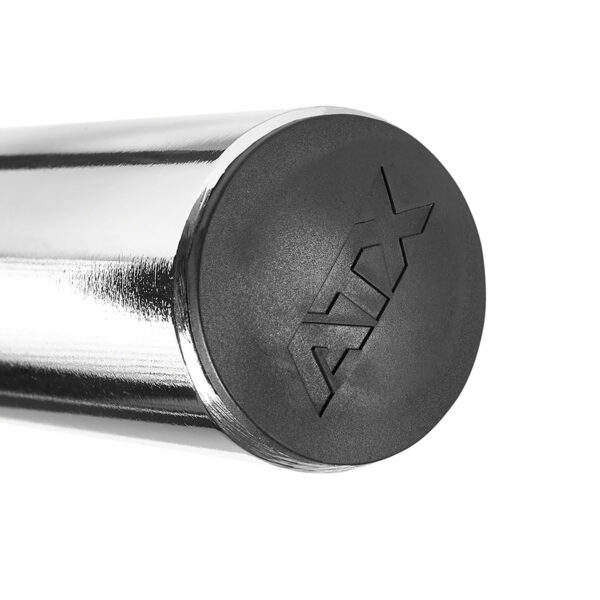 Close-up of the ATX® Angular Multi Grip Bar - 50 mm showing a shiny chrome finish and a black cap with an embossed logo.