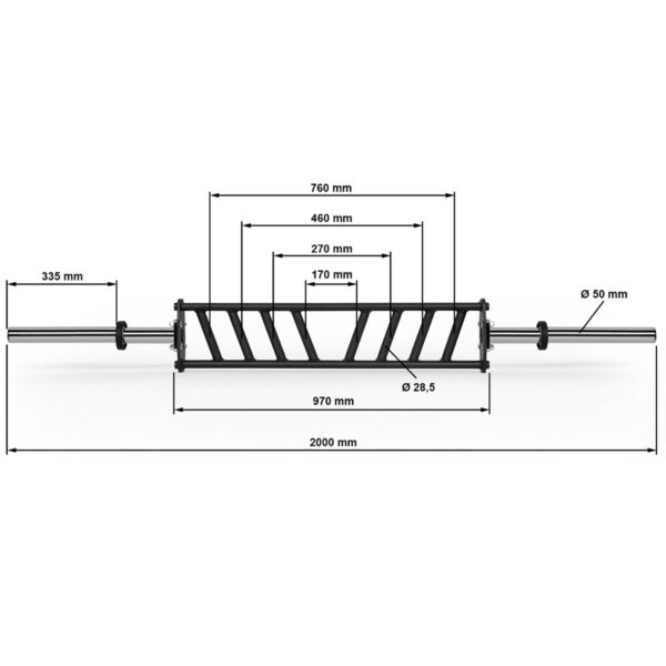 The ATX® Angular Multi Grip Bar - 50 mm has a total length of 2000 mm with a grip section of 970 mm featuring triangular cutouts and a handle space of 170 mm. Inner sections measure 270, 460, and 760 mm, with diameters of 28.5 mm for the grip and ends at 50 mm; handle height is 335 mm.