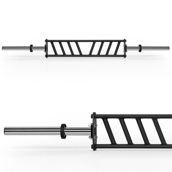 Two views of a black and silver ATX® Angular Multi Grip Bar - 50 mm on a white background; the top shows its full length, while the bottom highlights the handle with diagonal grips.