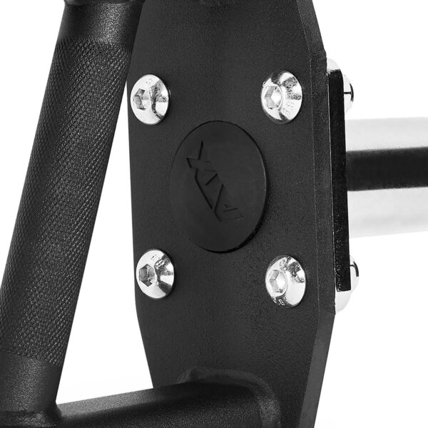Close-up of the ATX® Angular Multi Grip Bar - 50 mm, featuring a heavy-duty black metal handle secured by four shiny bolts to a rectangular plate with a round black emblem at its center and a textured grip.