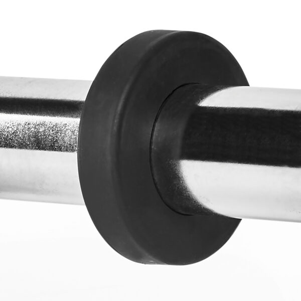 Close-up view of the ATX® Angular Multi Grip Bar - 50 mm with a black rubber bumper plate. The smooth, reflective metal texture contrasts with the dark rubber for an overall striking appearance.