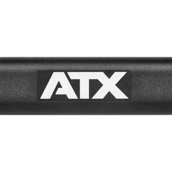 A close-up image of a black bar with ATX in bold white font, featuring a textured surface, likely from the ATX® Olympic Parallel Multi-Grip Bar fitness equipment.