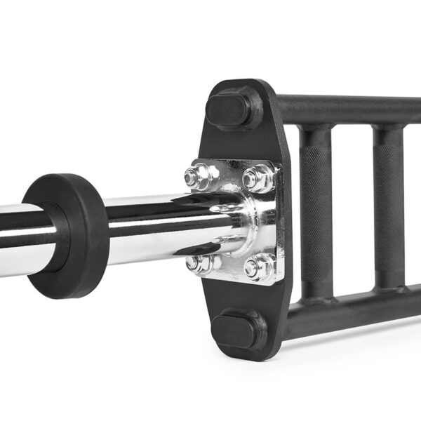Close-up of an ATX® Olympic Parallel Multi-Grip Bar in black and chrome, featuring textured grips and prominent end bolts for versatile weightlifting. The shiny metal contrasts with its matte black finish.