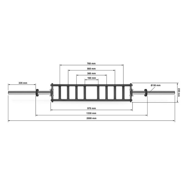 Diagram of the ATX® Olympic Parallel Multi-Grip Bar: 2,000 mm long with a grip section 970 mm wide. It offers multiple grip widths at 160 mm, 360 mm, 560 mm, and 760 mm. The outer diameter is 50 mm, and it stands at a height of 250 mm.