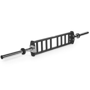 The ATX® Olympic Parallel Multi-Grip Bar is a black barbell featuring a ladder-style central grip and sleek metal ends, allowing diverse hand positions for strength training exercises.