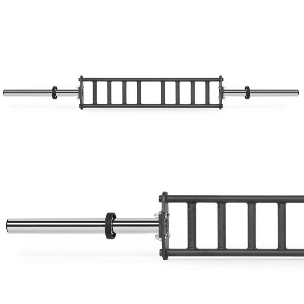 The ATX® Olympic Parallel Multi-Grip Bar, featuring black and silver with various grip options, is shown from two angles. It includes barbell collars on each side for weightlifting exercises.
