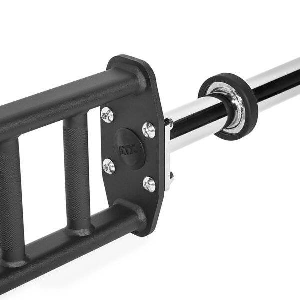 A close-up of the black and silver ATX® Olympic Parallel Multi-Grip Bar shows bolt and nut detailing. The bar, with a logo on its rectangular section, is ideal for strength training exercises.