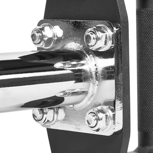 Close-up of the ATX® Olympic Parallel Multi-Grip Bar featuring a shiny, reflective cylindrical metal pipe attached to a black structure with four silver bolts and a textured black handle on the right.