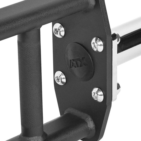 Close-up view of the ATX® Olympic Parallel Multi-Grip Bar, featuring a black metal finish, textured grip, and branded ATX logo in the center. The bar is secured to a chrome-end piece with silver screws.