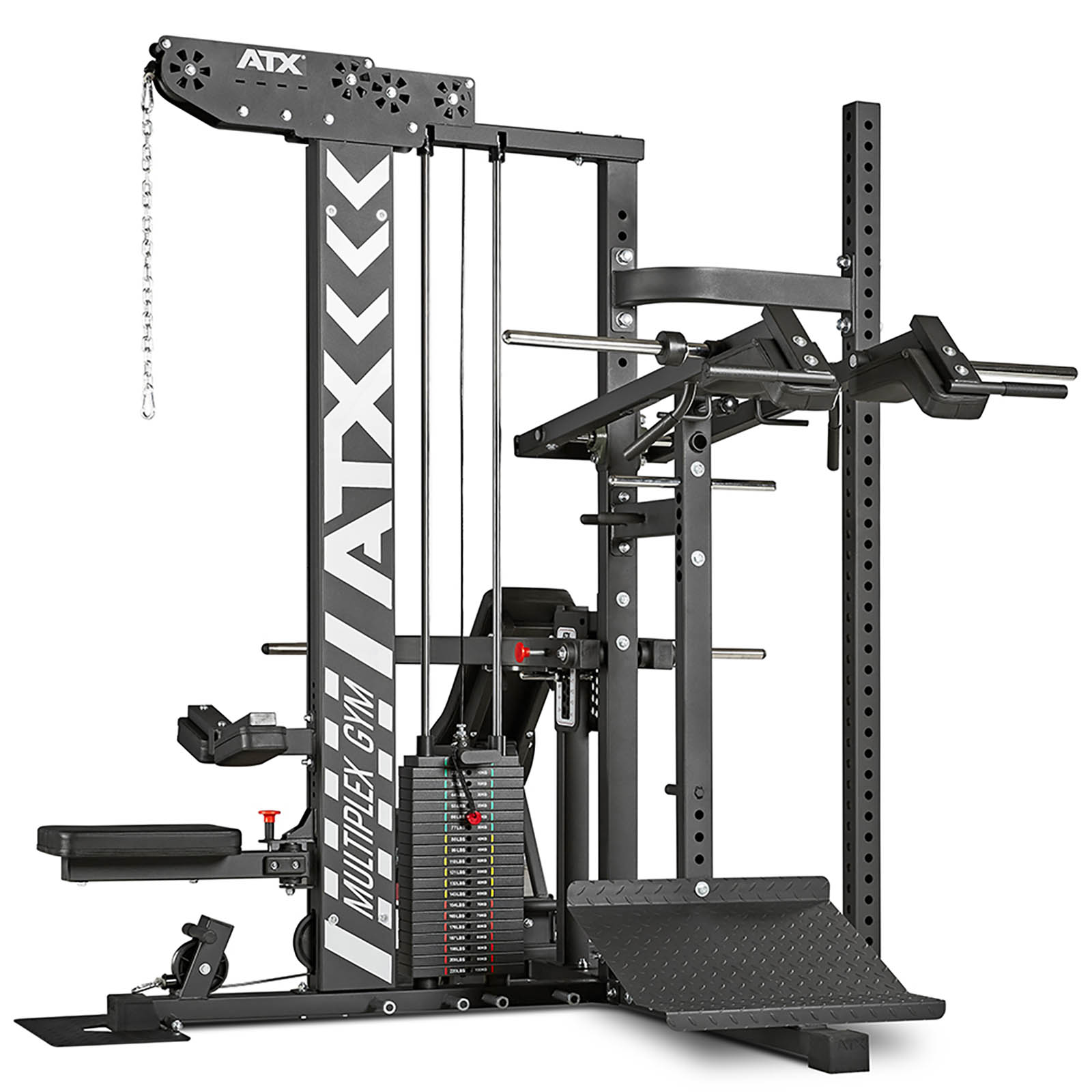 The ATX® MultipleX Multi Gym - 700 is a black, multi-station gym machine with weights, adjustable cables, and various attachments for diverse exercises. It features a robust steel frame and is ideal for strength training and full-body workouts.