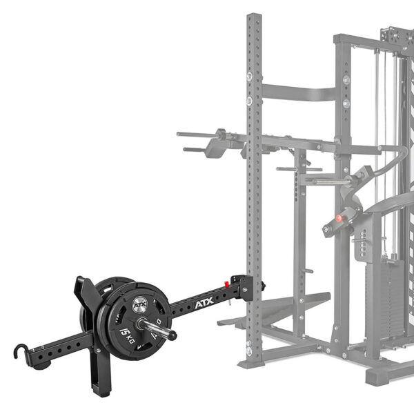 The ATX® MultipleX Multi Gym - 700 features a power rack with an attached landmine exercise attachment, loaded with a 15 kg weight plate against a plain background.