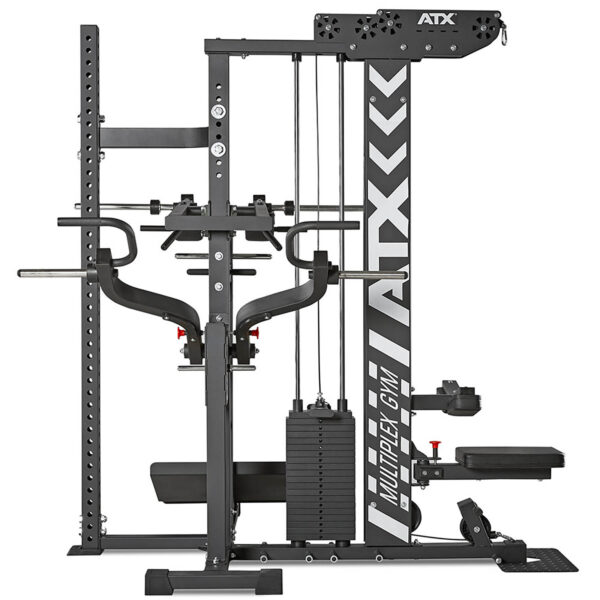 The ATX® MultipleX Multi Gym - 700 combines a squat rack, cable pulleys, weight stack, dip bars, and bench press in a sleek metallic design for versatile strength training.