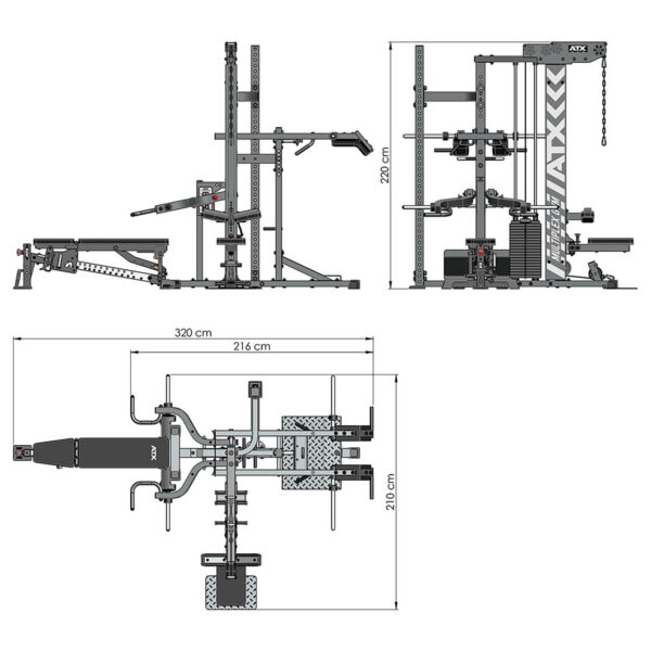 Diagram of the ATX® MultipleX Multi Gym - 700 showing side, front, and top views with workout stations like bench press, cable pulleys, and leg extension. Includes labeled dimensions for height, width, and depth.