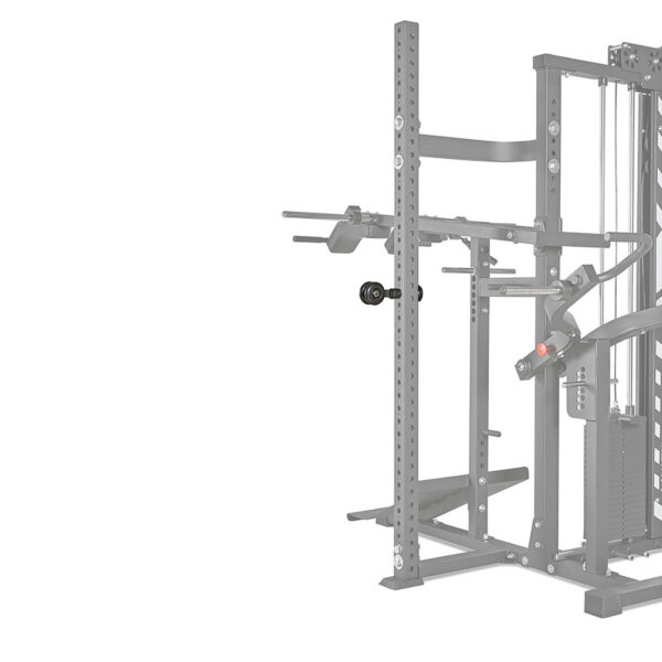 The ATX® MultipleX Multi Gym - 700 is a versatile home gym setup featuring a power rack, pulley system, adjustable weight lifting bars, and various attachments for strength training exercises.