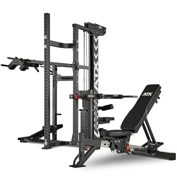 The ATX® MultipleX Multi Gym - 700 is a multi-functional gym machine with a black finish, featuring a bench press, pull-up bar, adjustable weight stack, and various exercise attachments for a versatile workout.