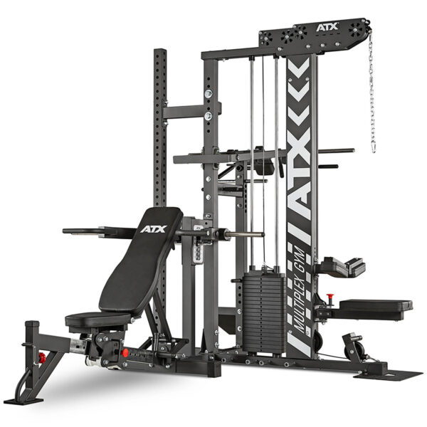 The ATX® MultipleX Multi Gym - 700 is a multifunctional home gym machine, predominantly black, featuring a weight bench, cable system, and various attachments for strength and conditioning exercises.