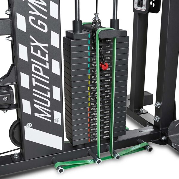 Close-up of a weight stack on the ATX® MultipleX Multi Gym - 700. The stack includes plates from 5kg to 20kg with color-coded markers for different weights, and green cables for resistance training.
