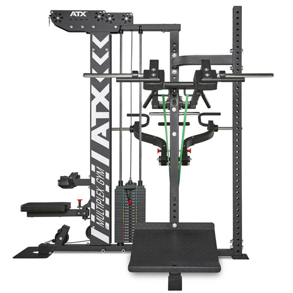 The ATX® MultipleX Multi Gym - 700 is a multifunctional gym machine with features like a squat rack, weight stack, and cable system. It is primarily black with green accents and branding visible on its structure.