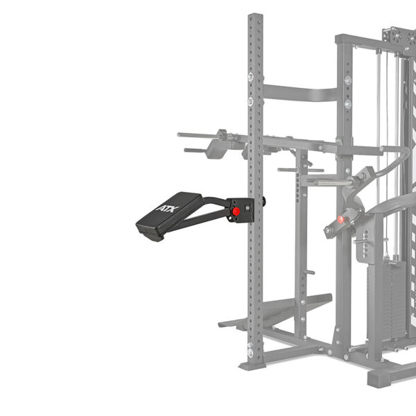 The ATX® MultipleX Multi Gym - 700 includes a gym fitness attachment with padded support and a red button release, ideal for seated workouts. The multi-station exercise rack is visible in the background.