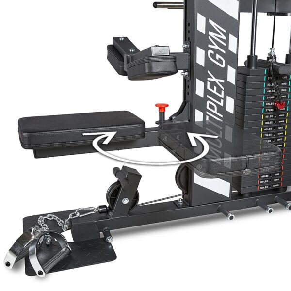 The ATX® MultipleX Multi Gym - 700 includes an adjustable bench, weight stack with labeled settings, cable attachments, and a directional arrow for bench rotation.