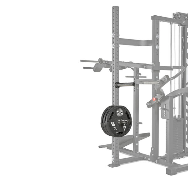 The ATX® MultipleX Multi Gym - 700 is a multi-functional exercise machine with adjustable settings and an attached barbell with various weight plates, perfect for strength training.