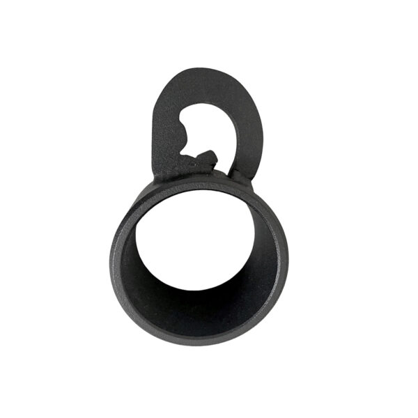 A vertically positioned black metal T-BAR Row attachment Collar with an open circle tab at the top, similar to a bottle opener shape, against a white background.