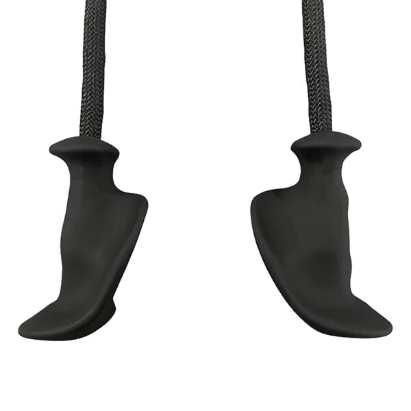 Close-up of two black TriGrips Long Handles, resembling hook-like objects, attached to braided cords against a white background. They feature a smooth texture and a curved design.