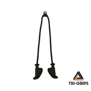 Black plastic grips on a rope resembling stirrups, with a small loop at the top, are shown against a white background featuring the TriGrips Long Handles logo with a triangle and an orange accent in the bottom right corner.