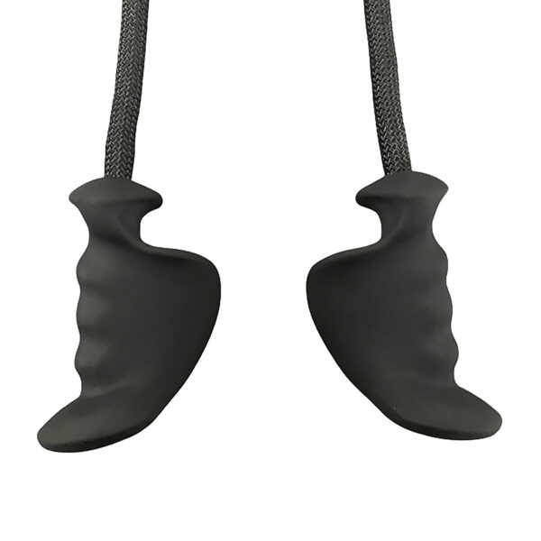 The TriGrips Long Handles consist of two contoured black earplugs connected by a braided cord for ergonomic fitting.