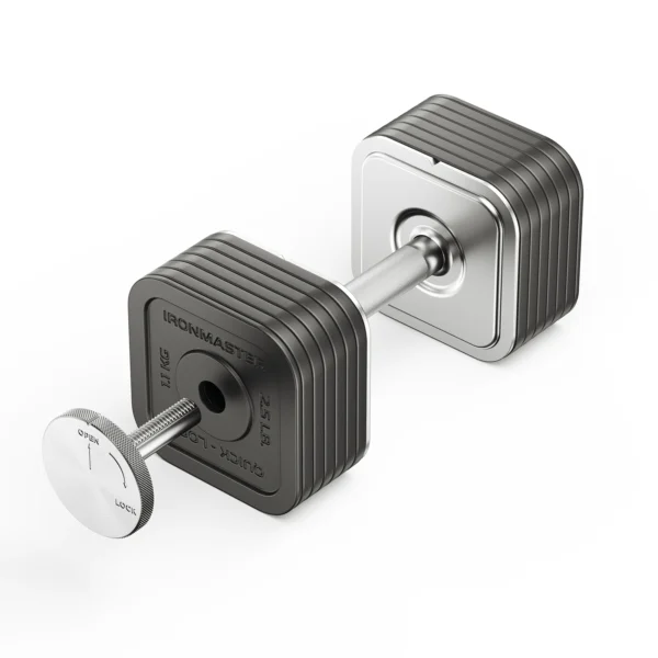 The Ironmaster 75 LB Quick-Lock Adjustable Dumbbell Set showcases a modular design with metal handles and stackable rectangular weight plates, each marked Ironmaster. The plates are easily adjustable using a secure locking mechanism on one end.