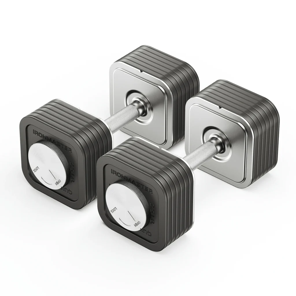 The Ironmaster 75 LB Quick-Lock Adjustable Dumbbell Set features a sleek, modern design with square plates and metallic handles, each marked with weight indicators in a dark and silver color scheme.