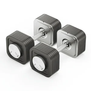 The Ironmaster 75 LB Quick-Lock Adjustable Dumbbell Set features a sleek, modern design with square plates and metallic handles, each marked with weight indicators in a dark and silver color scheme.