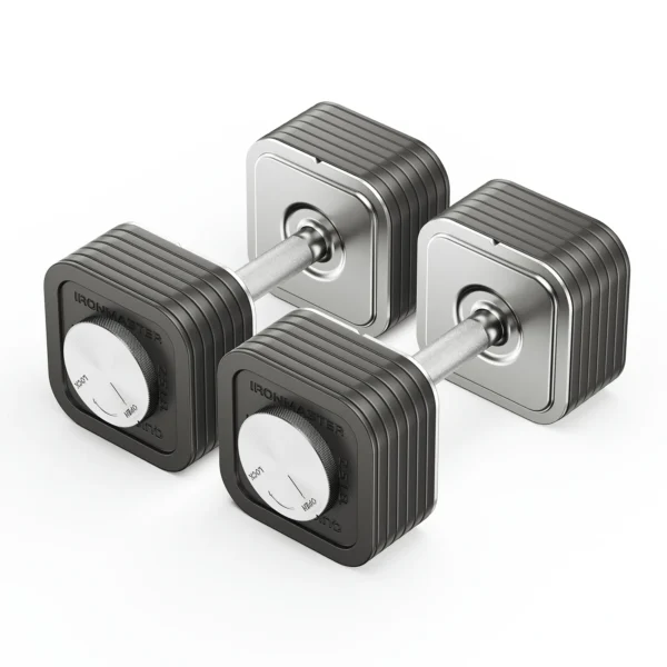 The Ironmaster 75 LB Quick-Lock Adjustable Dumbbell Set features a sleek, modern design with square plates and metallic handles, each marked with weight indicators in a dark and silver color scheme.